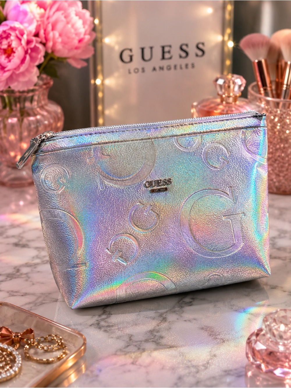 GUESS Silver Iridescent Metallic Logo Cosmetic Makeup Bag Pouch NWOT